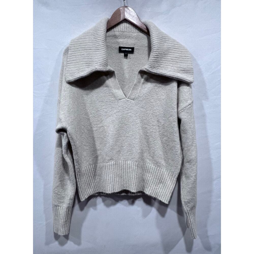 Women's‎ Wool Blend Knit Collared V-Neck Long Sleeve Sweater Size S Cream Beige